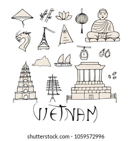 Main symbols of Vietnam isolated on white background. Culture of Asia. 