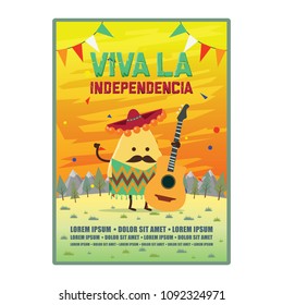 Main Text In The Image Means: Independence Day. Tortilla Chips With Guitar Character Design Poster For Mexican Independence Day