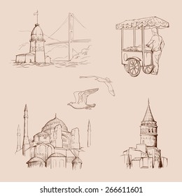 Main tourist attractions in Istanbul. Sketch style drawing isolated on a monochrome background. EPS10 vector set.