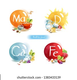 The main trace elements for human health: magnesium, potassium, calcium, vitamin D. A set of four compositions with foods high in these trace elements.