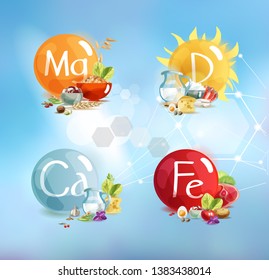 The main trace elements for human health: magnesium, potassium, calcium, vitamin D. A set of four compositions with foods high in these trace elements.