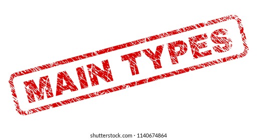 MAIN TYPES stamp seal print with grunge style. Red vector rubber print of MAIN TYPES text with retro texture. Text tag is placed inside rounded rectangle frame.