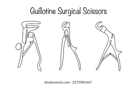 Main types of surgical guillotine scissors. A medical instrument with cutting surfaces that touch over the entire surface. They are used to cut cartilage, bone and tendons. Surgeon's instruments.