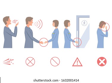 Main ways influenza virus and coronavirus spreading between people. Infographics elements of risk factors. By direct transmission, airborne, hand to eye, nose, mouth personal contact like handshake. 