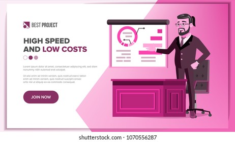 Main Web Page Design Vector. Business Screen. Innovation Idea. Cartoon People. Engineer Device. Illustration
