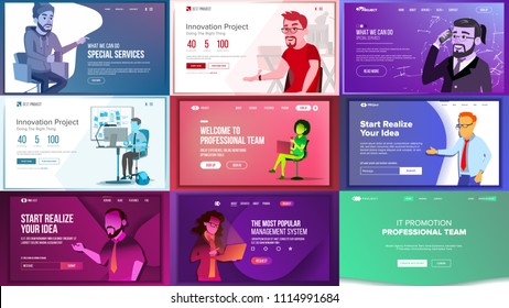 Main Web Page Set Design Vector. Website Business Concept. Landing Template. Working Team. Application Newspaper. Creative Idea. Illustration
