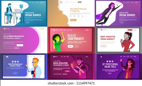 Main Web Page Set Design Vector. Website Business Graphic. Landing Template. Future Energy Project. Card Credit. Business Coworking. Increase Experience. Illustration