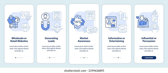 Main websites categories light blue onboarding mobile app screen. Walkthrough 5 steps editable graphic instructions with linear concepts. UI, UX, GUI template. Myriad Pro-Bold, Regular fonts used