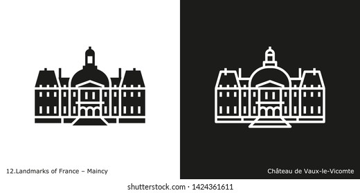 Maincy - Château de Vaux-le-Vicomte. Outline and glyph style icons of the famous landmark from France.