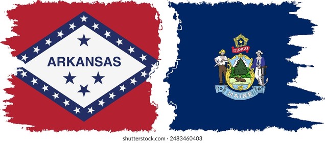 Maine and Arkansas states grunge brush flags connection, vector