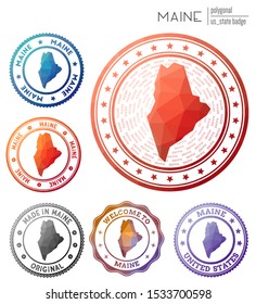 Maine badge. Colorful polygonal US state symbol. Multicolored geometric Maine logos set. Vector illustration.