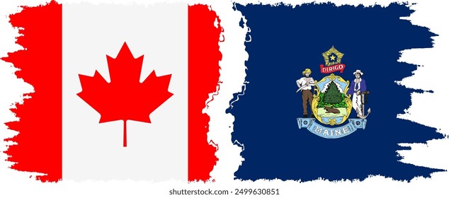 Maine and Canada grunge brush flags connection, vector