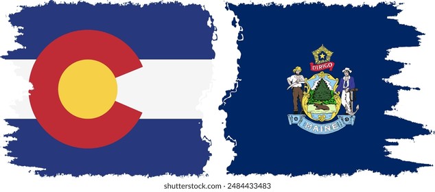 Maine and Colorado states grunge brush flags connection, vector