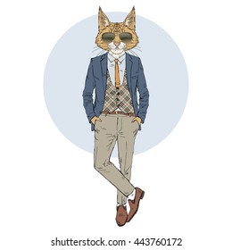 maine coon cat dressed up in trendy suit, furry art illustration, fashion animals