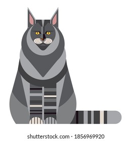 Maine Coon Katze geometrische flache Design-Illustration. Sitzen einer gruseligen Katze auf weißem Hintergrund.