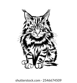 Maine Coon cat graphics. tattoo object. hand drawing. Not AI, Vector illustration.