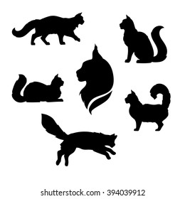 Maine Coon cat icons and silhouettes. Jumping running sitting lying standing going cat. Set of vector black and white pets. Animals outlines. Tattoo art. Isolated fluffy kitten. Cat posing. 