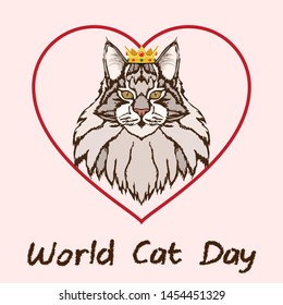 maine coon cat - King in the crown, vector illustration for World Cat Day