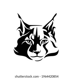 Maine Coon Cat Looking Straight Forward - Bobcat En Face Head Black And White Vector Design