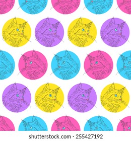 Maine coon cat portrait. Hand drawn vector illustration. Pet seamless pattern background