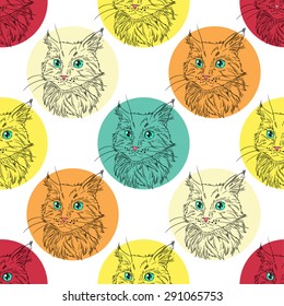 Maine coon cat portrait. Hand drawn vector illustration. Pet seamless pattern background
