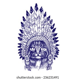 Maine coon cat portrait with native american indian chief headdress. Hand drawn vector illustration. 