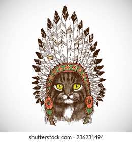 Maine coon cat portrait with native american indian chief headdress. Hand drawn vector illustration. 