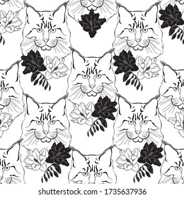 Maine coon face and freesia flowers. Seamless vector pattern. Hand-drawn vector illustration.Animal art background.
