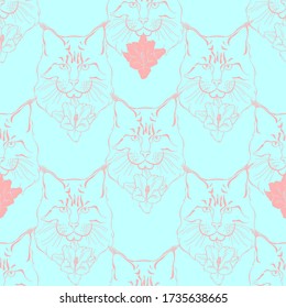 Maine coon face and freesia flowers on blue. Seamless vector pattern. Hand-drawn vector illustration.Animal art background.