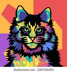 maine coon pop art style illustration, artistic portrait of a cute cat