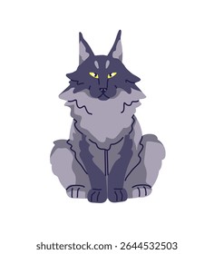 Maine coon fica em frente. Gato grande bonito com focinho feliz. Gatinho engraçado de grande raça relaxa. Kitty com casaco cinza. Animal fofo, animal doméstico. Ilustração de vetor isolado plano sobre fundo branco