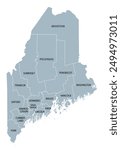 Maine counties, gray political map with borders and county names. State in the New England region of the United States, subdivided into 16 counties. Nicknamed Pine Tree State, or also Vacationland.