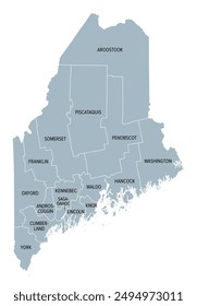 Maine counties, gray political map with borders and county names. State in the New England region of the United States, subdivided into 16 counties. Nicknamed Pine Tree State, or also Vacationland.