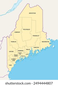 Maine counties, political map with borders and county names. State in the New England region of the United States, subdivided into 16 counties. Nicknamed The Pine Tree State, or also Vacationland.