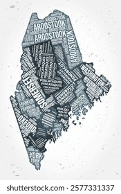 Maine counties word clouds. State shape on textured background. Maine design in typographic style. Amazing vector illustration.