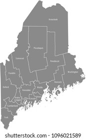 Maine county map vector outline gray background. Map of Maine state of USA with borders and counties names labeled