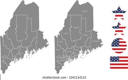 Maine county map vector outline in gray background. Maine state of USA map with counties names labeled and United States flag icon vector illustration designs