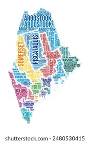 In: Maine County Word Cloud. In: State Shape Design. Maine farbige Illustration. In: County names collage cloud. Vektorillustration.