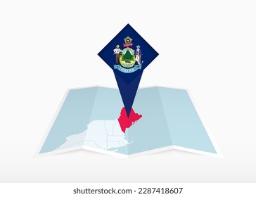 Maine is depicted on a folded paper map and pinned location marker with flag of Maine. Folded vector map.