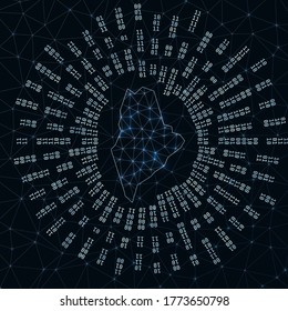 Maine digital map. Binary rays radiating around a glowing US state. Internet connections and data exchange design. Vector illustration.