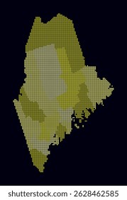 Mapa punteado de Maine. Mapa de estilo digital del estado sobre fondo oscuro. Forma Maine con puntos circulares. Estilo de puntos de colores. Círculos de tamaño Pequeño. Ilustración vectorial simple.
