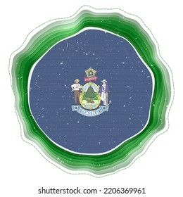 Maine flag in frame. Badge of the US state. Layered circular sign around Maine flag. Elegant vector illustration.
