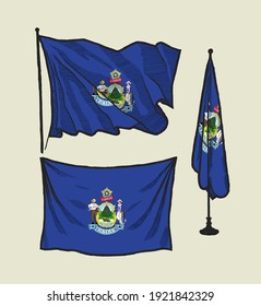 Maine flag set - flag on the wind, flag on the wall and flag in the office
