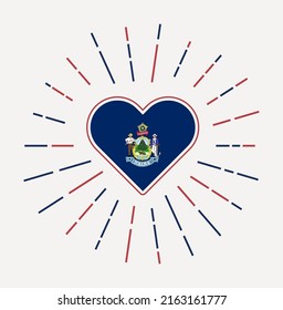 Maine heart with flag of the us state. Sunburst around Maine heart sign. Vector illustration.