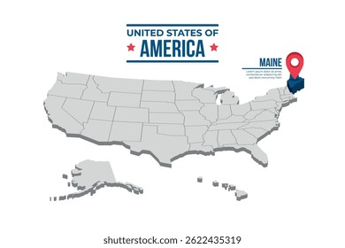 Maine Highlighted On A 3D Isometric Map Of The United States Of America