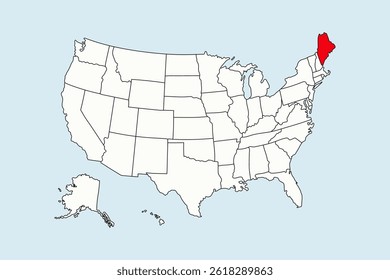Maine hervorgehoben in USA Karte einzeln auf blauem Hintergrund