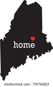 Maine home state - black state map with Home written in white serif text with a red heart. Isolated on white background