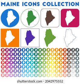 Maine icons collection. Bright, colorful, trendy map icons. Modern Maine badge with US state map. Vector illustration.