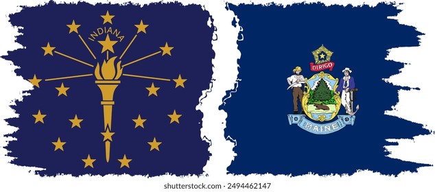 Maine and Indiana states grunge brush flags connection, vector