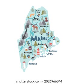 Maine infographic cartoon hand drawn vector illustration  American state map isolated light blue background  Maine travel routes  landmarks and city names lettering flat cliparts 